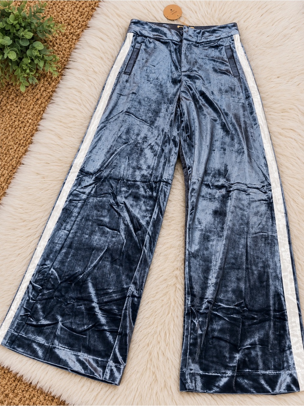 Velvet Wide-Leg Pants with Side Stripe - Blue